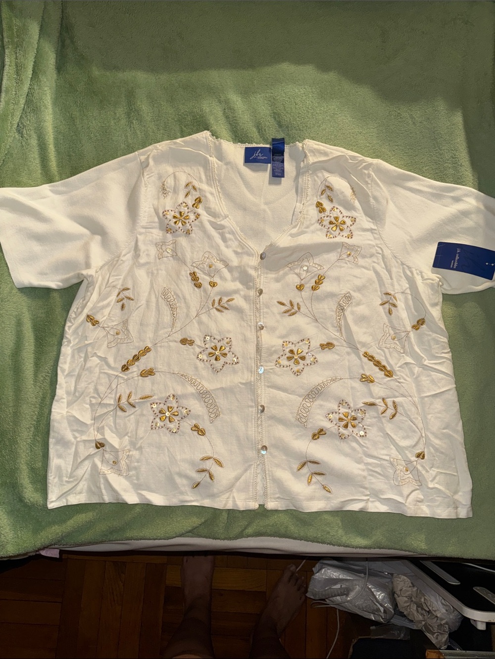 NWT Caribbean Breeze White Button Down Boho Blouse with Gold Embellishments